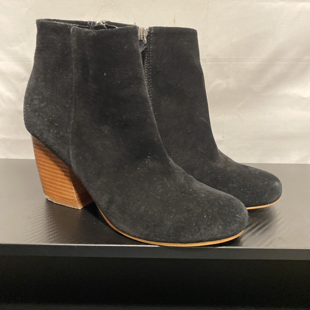 CROWN VINTAGE WOMEN'S BLACK SUEDE LEATHER ZIP BLOCK HEEL ANKLE BOOTS SZ 6M
